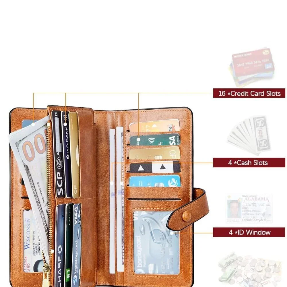Women’s Leather Wallet RFID Blocking Large Capacity Trifold Cardholder Clutch